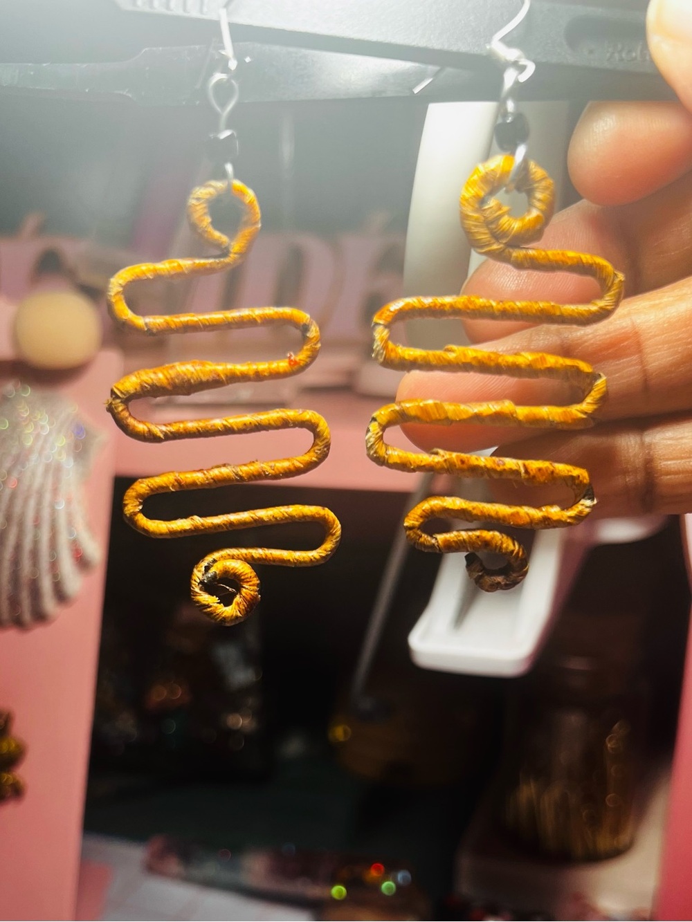 Handwrapped Spiral Drop Earrings in Brown